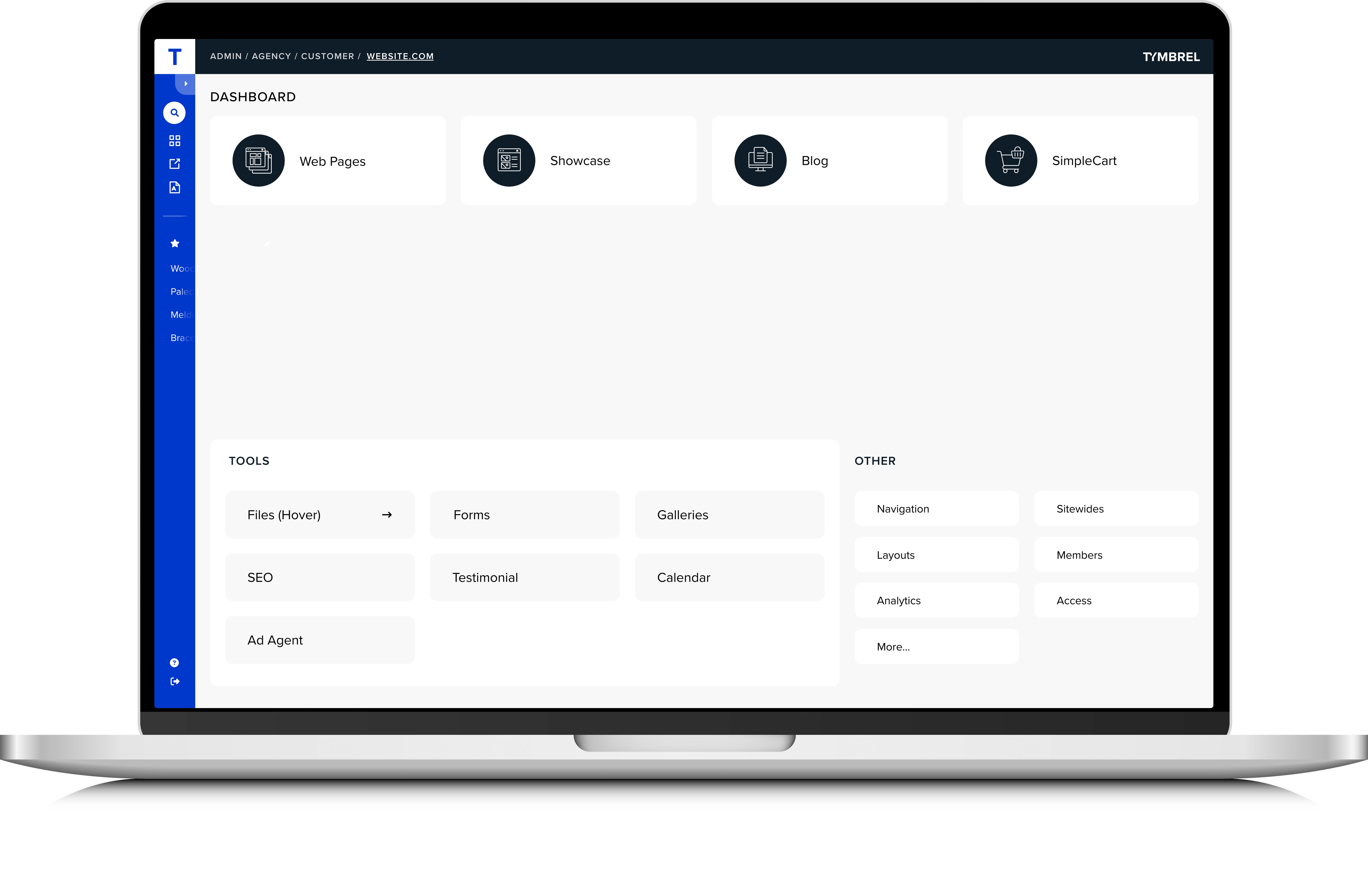 A laptop screen shows the Tymbrel dashboard.