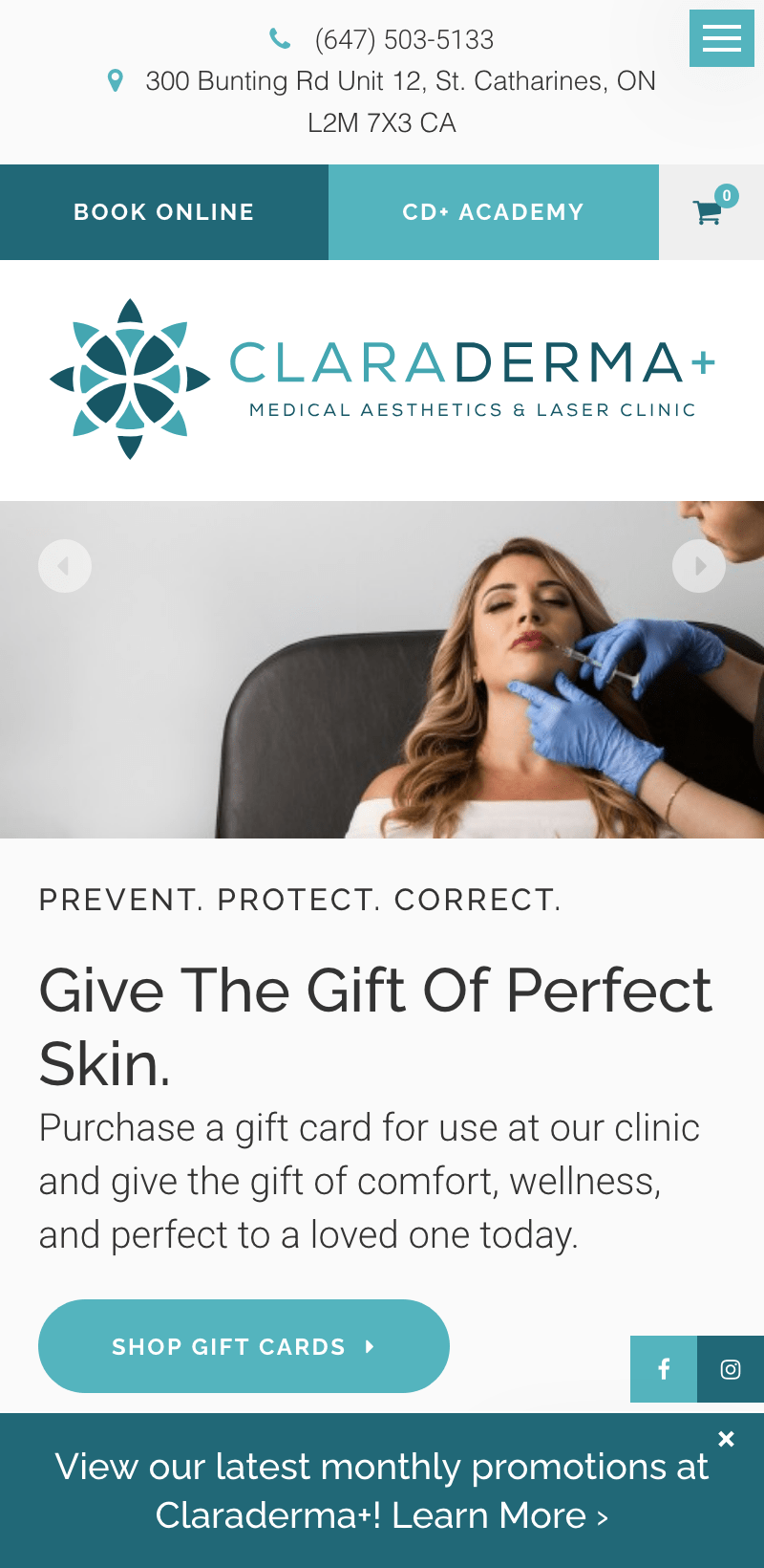 The mobile version of Claraderma's website.