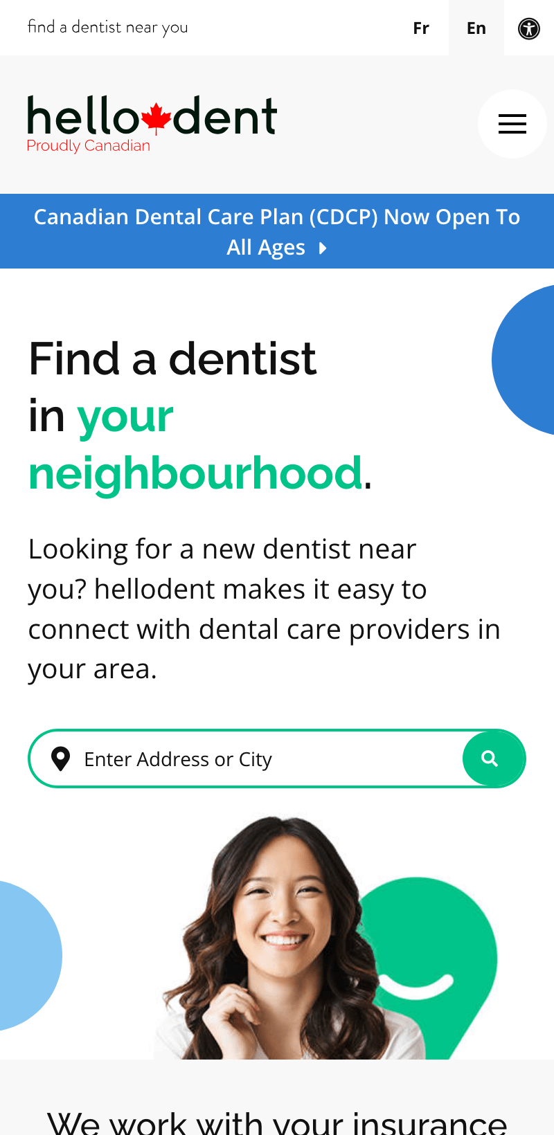 The mobile version of the hellodent website.