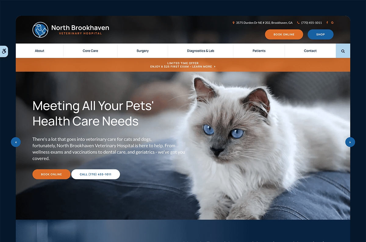 North Brookhaven Veterinary Hospital's website is hosted on Tymbrel.