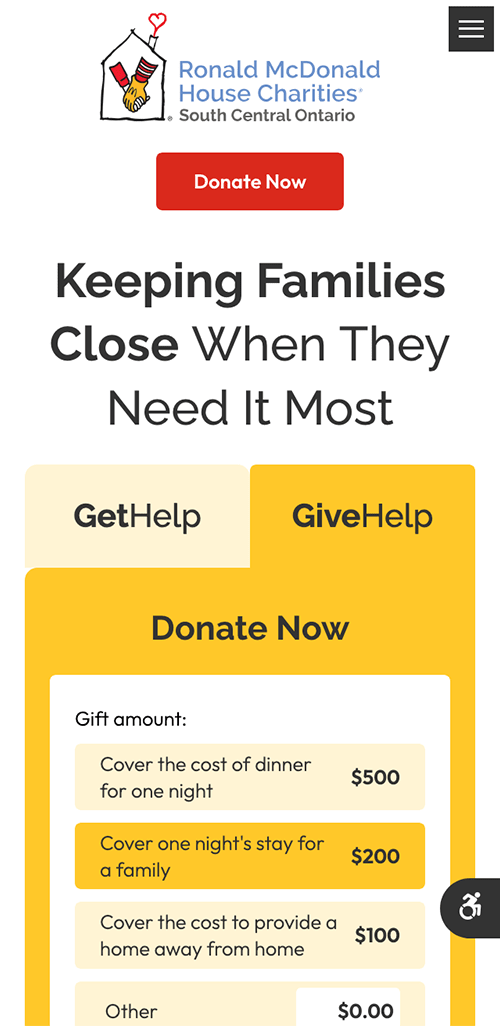 The mobile version of Ronald McDonald House Charities' website.