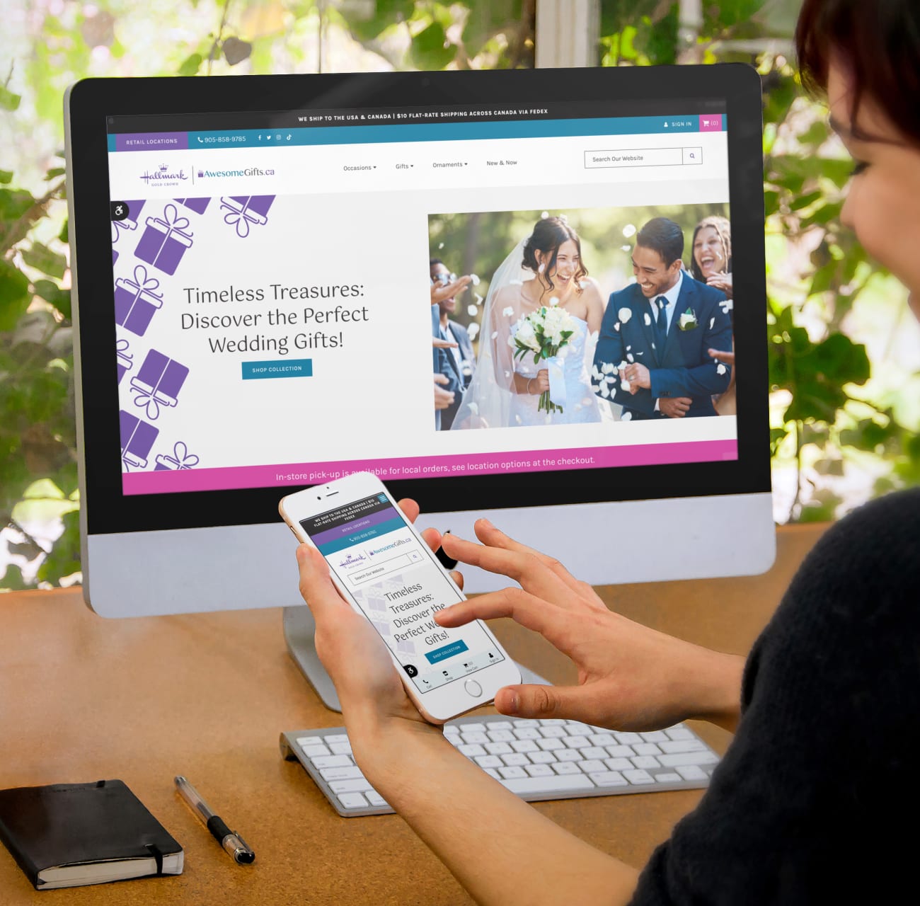 Someone is looking at the Awesome Gifts website on their phone and on a computer screen. This website is hosted on Tymbrel.