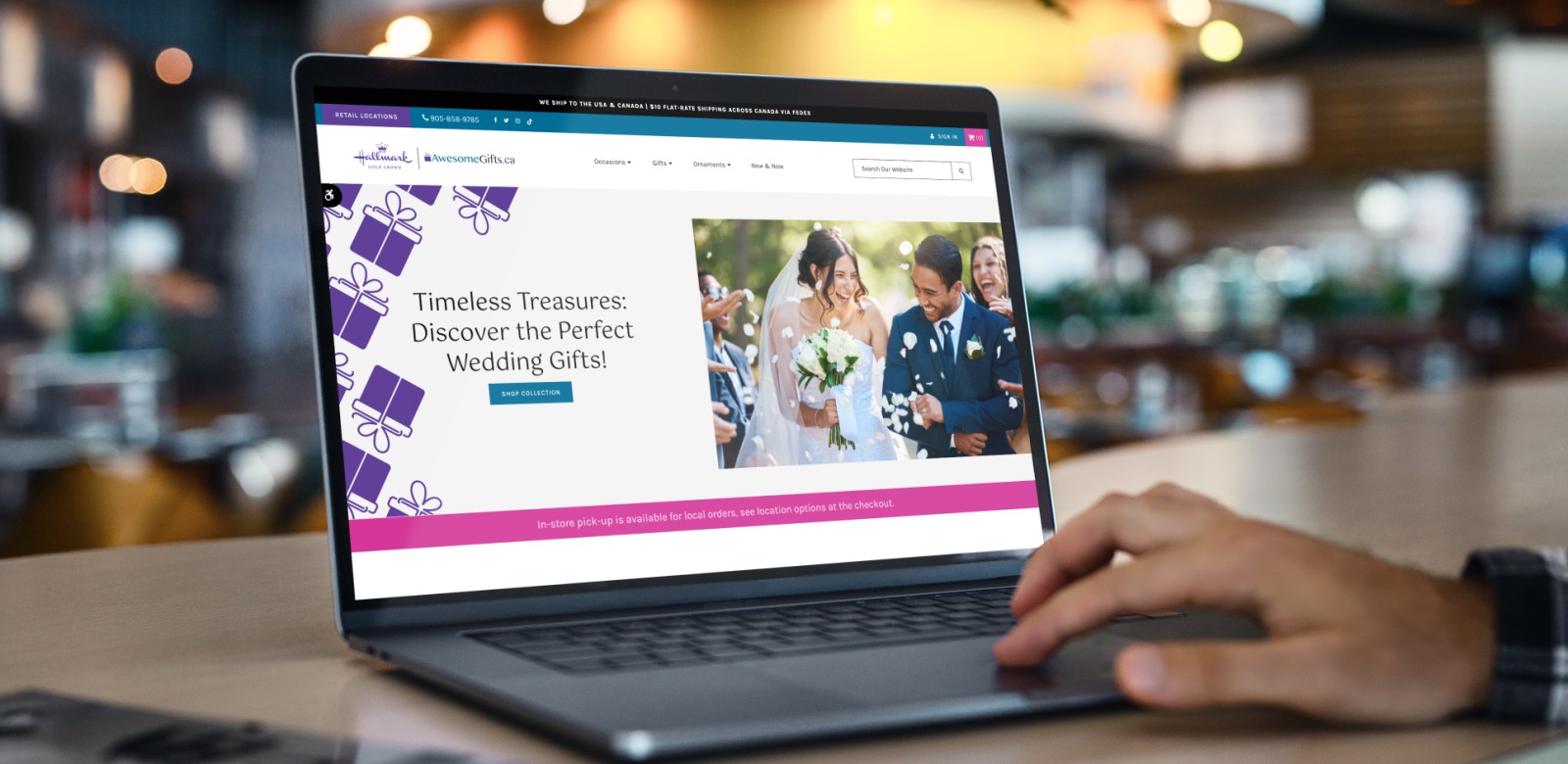 A laptop screen shows Hallmark's Awesome Gifts website, which is hosted on Tymbrel.