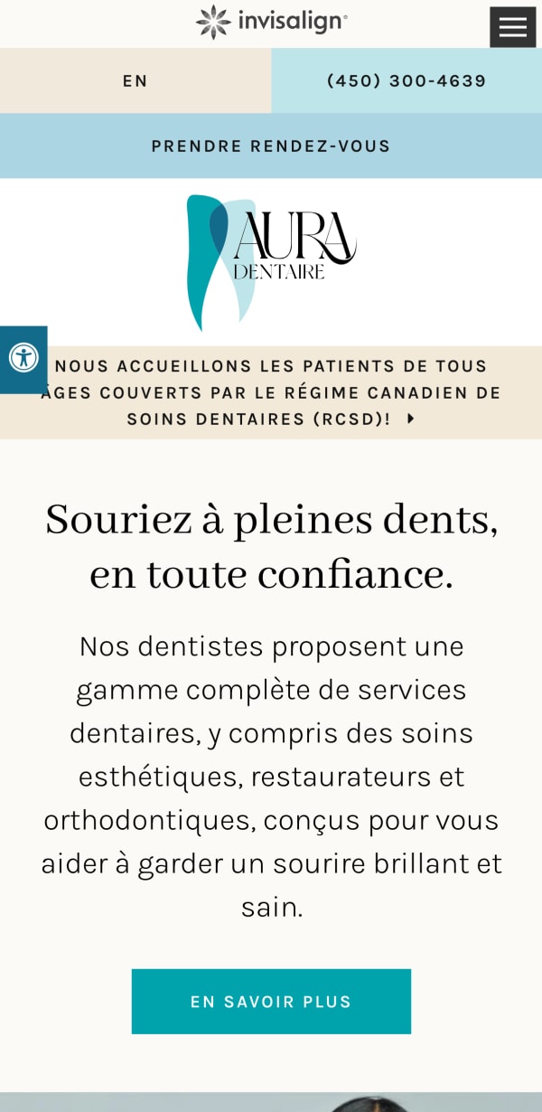 The mobile version of the Aura Clinique Dentaire Elite website, which is hosted on Tymbrel.