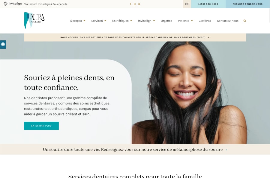 The desktop version of the Aura Clinique Dentaire Elite website, which is hosted on Tymbrel.