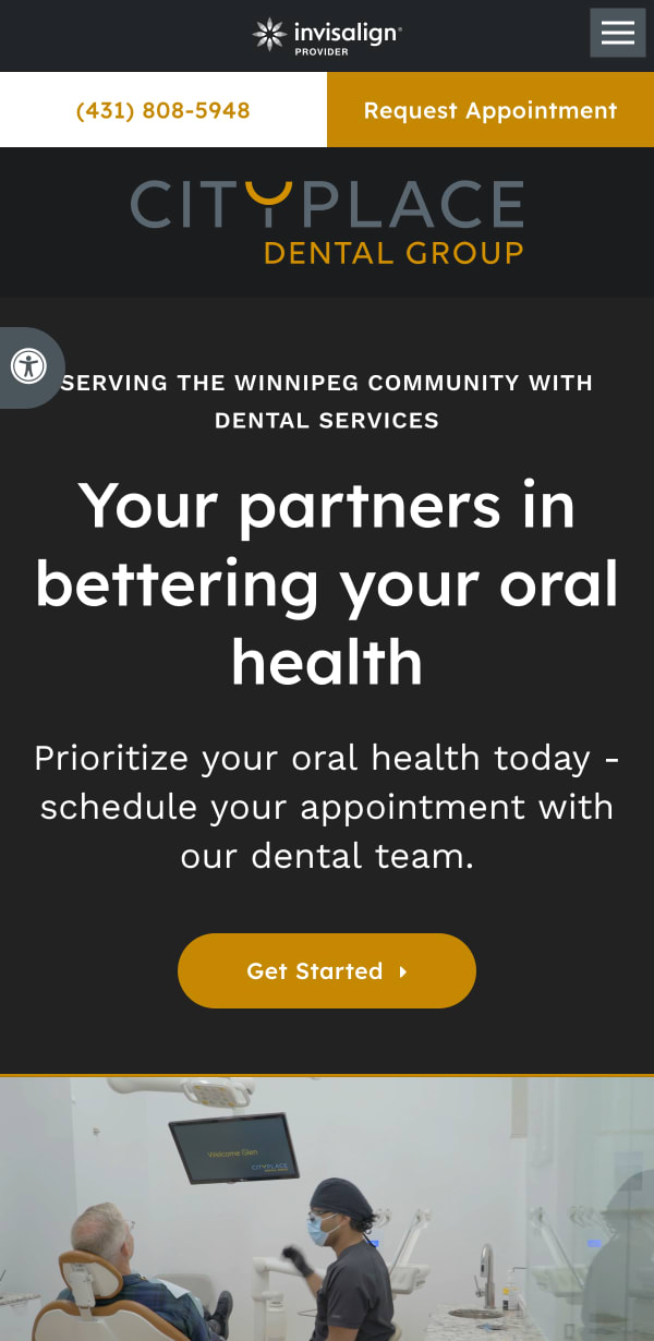 The mobile version of the Cityplace Dental website, which is hosted on Tymbrel.