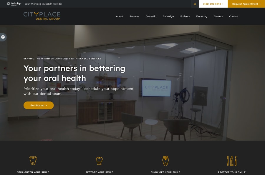 The desktop version of the Cityplace Dental website, which is hosted on Tymbrel.