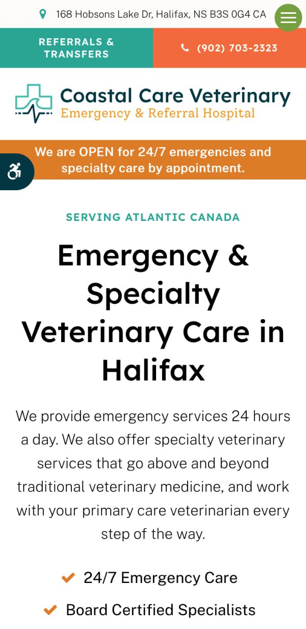 The mobile version of the Coastal Care Veterinary Emergency & Referral Hospital website, which is hosted on Tymbrel.