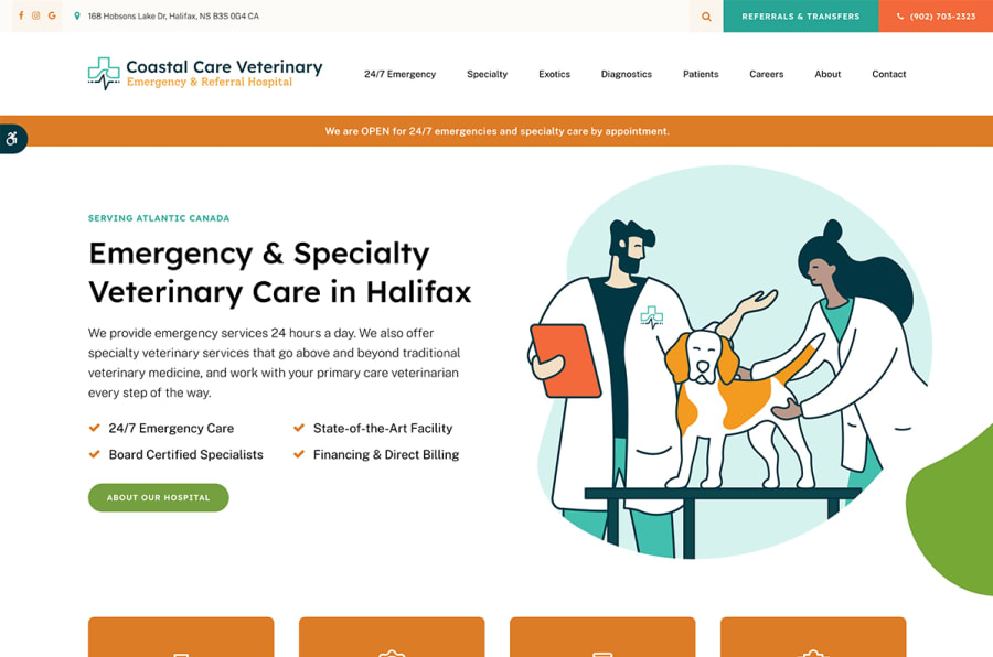 The desktop version of the Coastal Care Veterinary Emergency & Referral Hospital website, which is hosted on Tymbrel.
