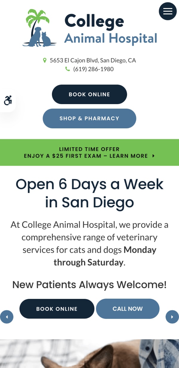 The mobile version of the College Animal Hospital website, which is hosted on Tymbrel.