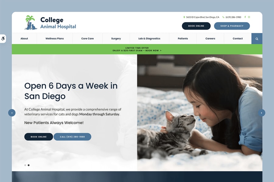The desktop version of the College Animal Hospital website, which is hosted on Tymbrel.