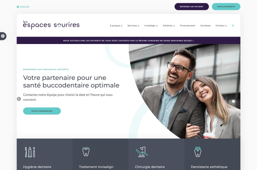 The desktop version of the Espaces Sourires website, which is hosted on Tymbrel.
