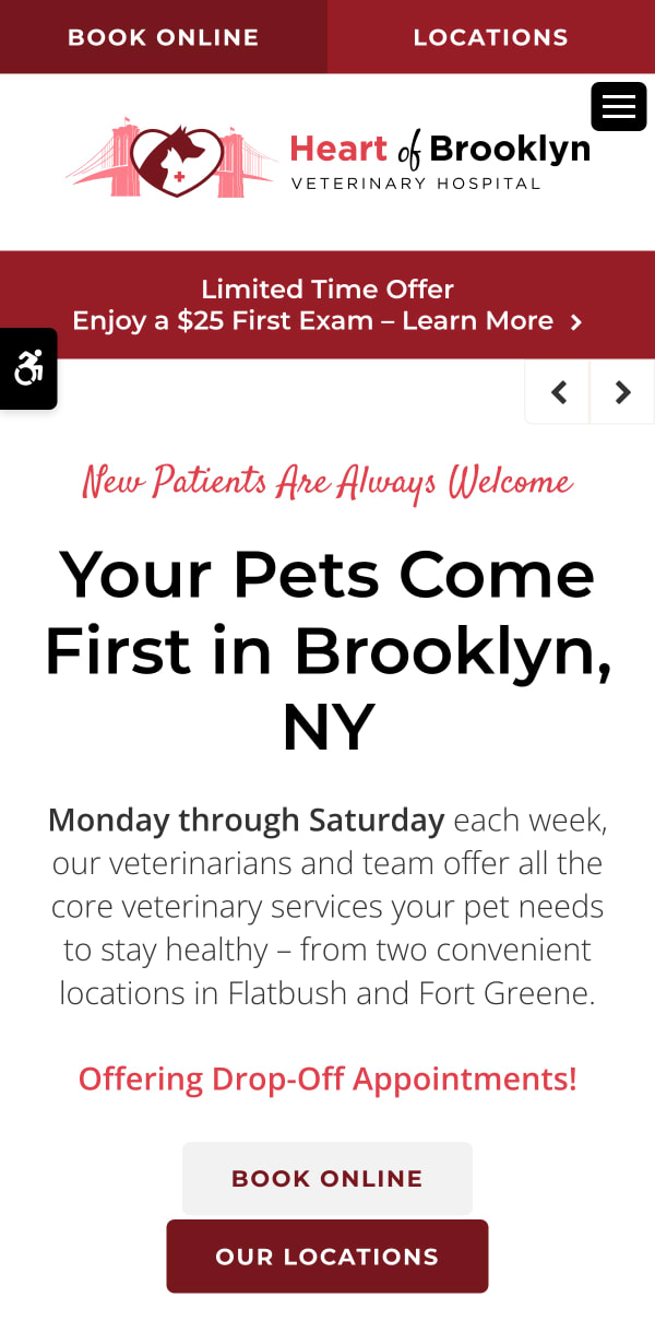 The mobile version of the Heart of Brooklyn Veterinary Hospital website, which is hosted on Tymbrel.