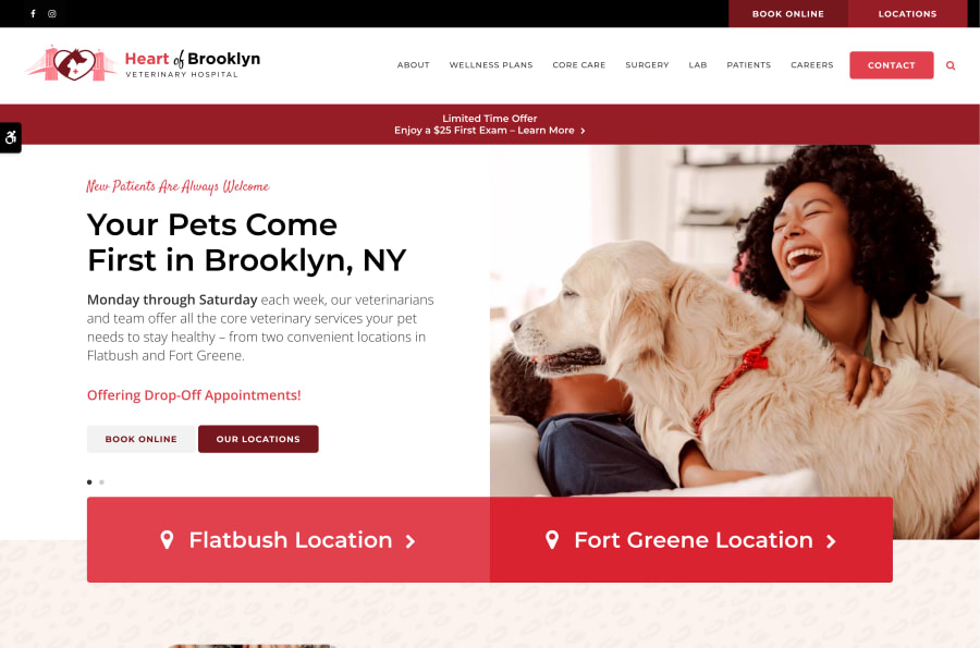 The desktop version of the Heart of Brooklyn Veterinary Hospital website, which is hosted on Tymbrel.