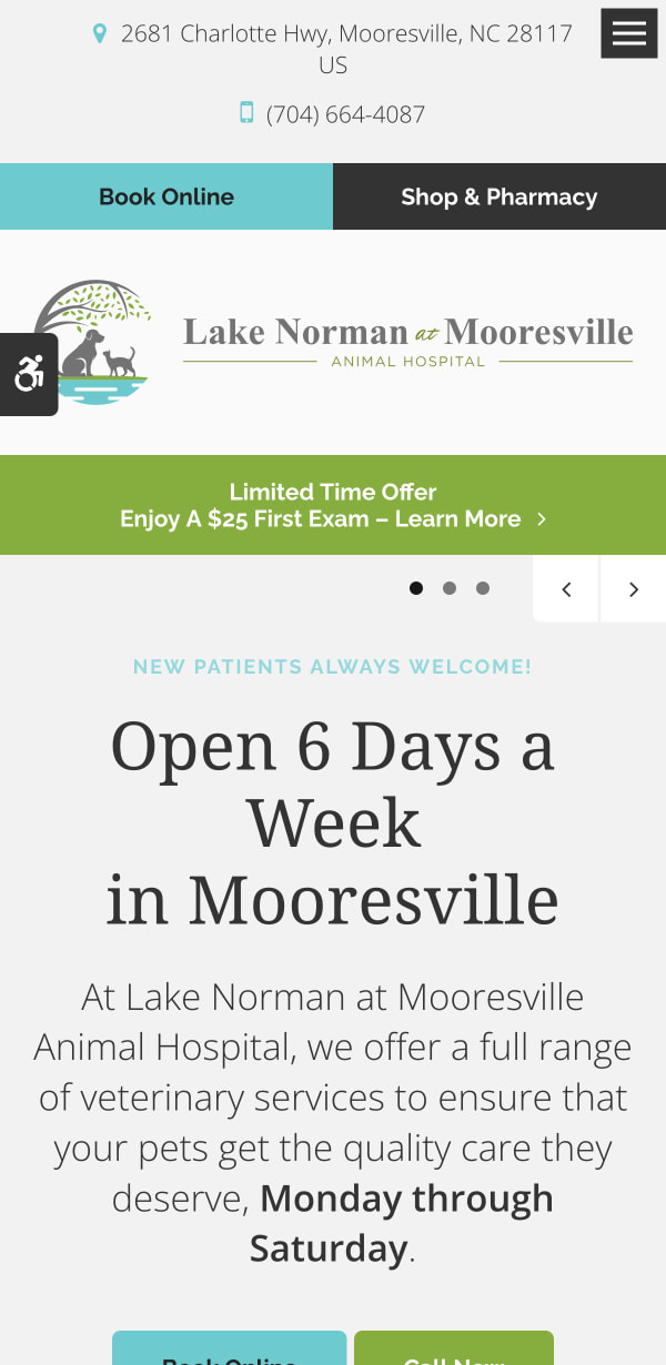 The desktop version of the Lake Norman at Mooresville Animal Hospital website, which is hosted on Tymbrel.