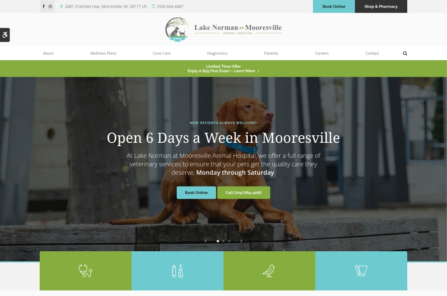 The desktop version of the Lake Norman at Mooresville Animal Hospital website, which is hosted on Tymbrel.