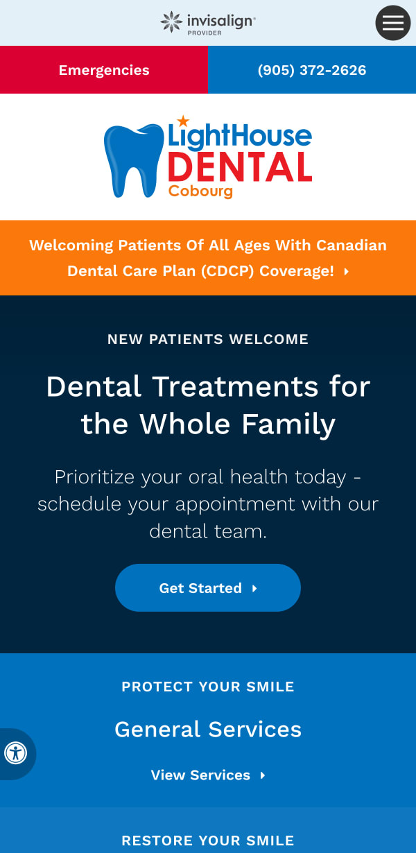 The mobile version of the Lighthouse Dental website, which is hosted on Tymbrel.