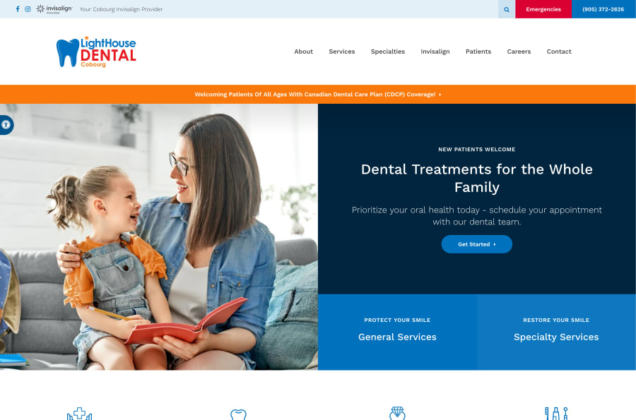 The desktop version of the Lighthouse Dental website, which is hosted on Tymbrel.