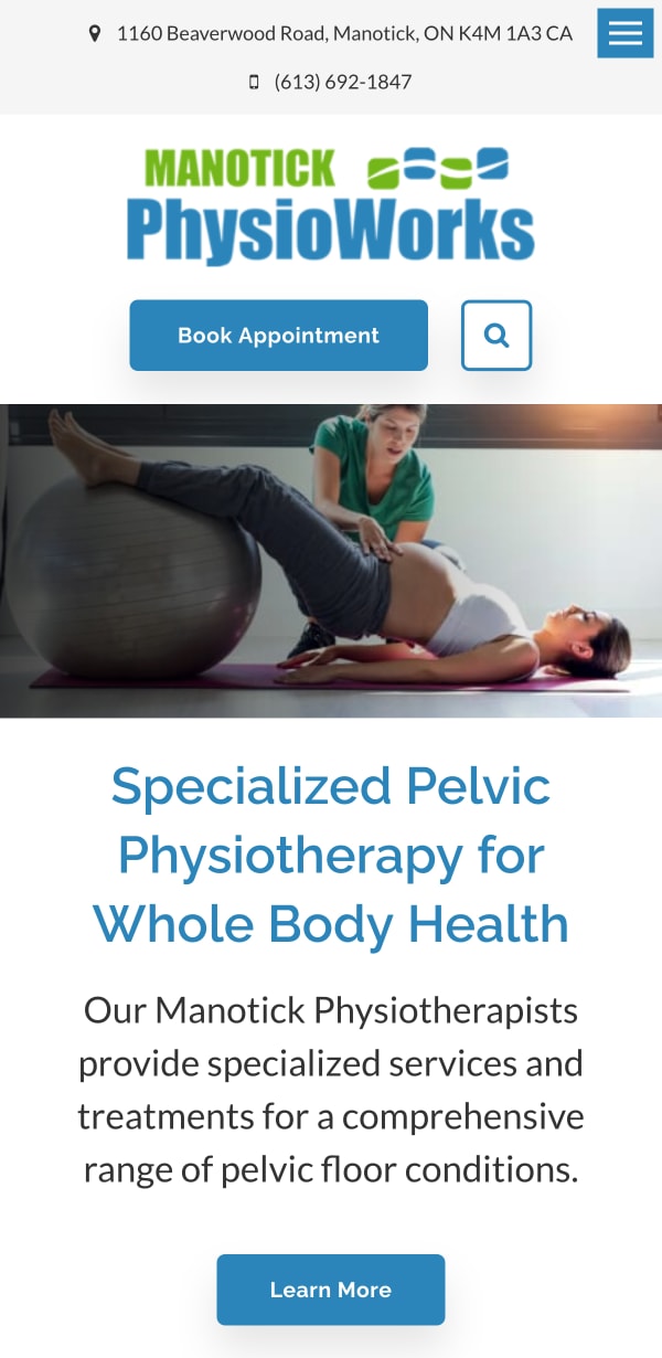 The mobile version of the Manotick PhysioWorks website, which is hosted on Tymbrel.