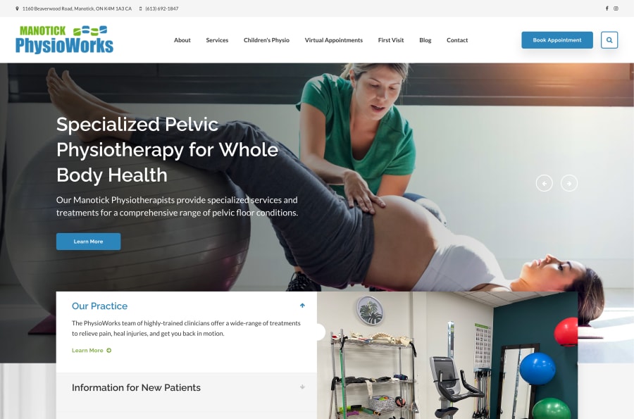 The desktop version of the Manotick PhysioWorks website, which is hosted on Tymbrel.