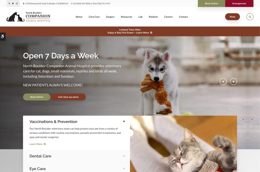 The desktop version of the North Boulder Companion Animal Hospital website, which is hosted on Tymbrel.