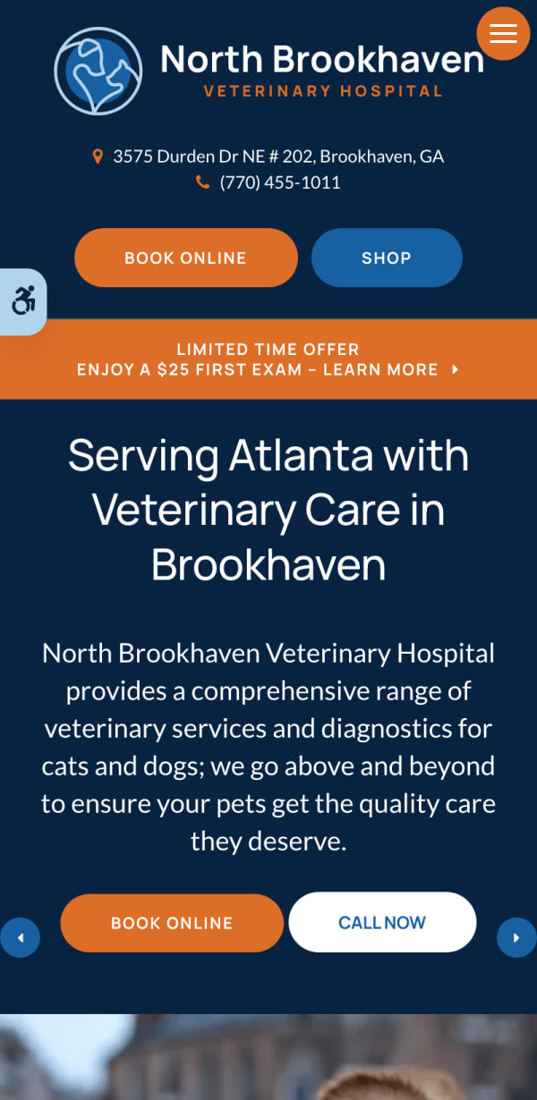 The mobile version of the North Brookhaven Veterinary Hospital website, which is hosted on Tymbrel.