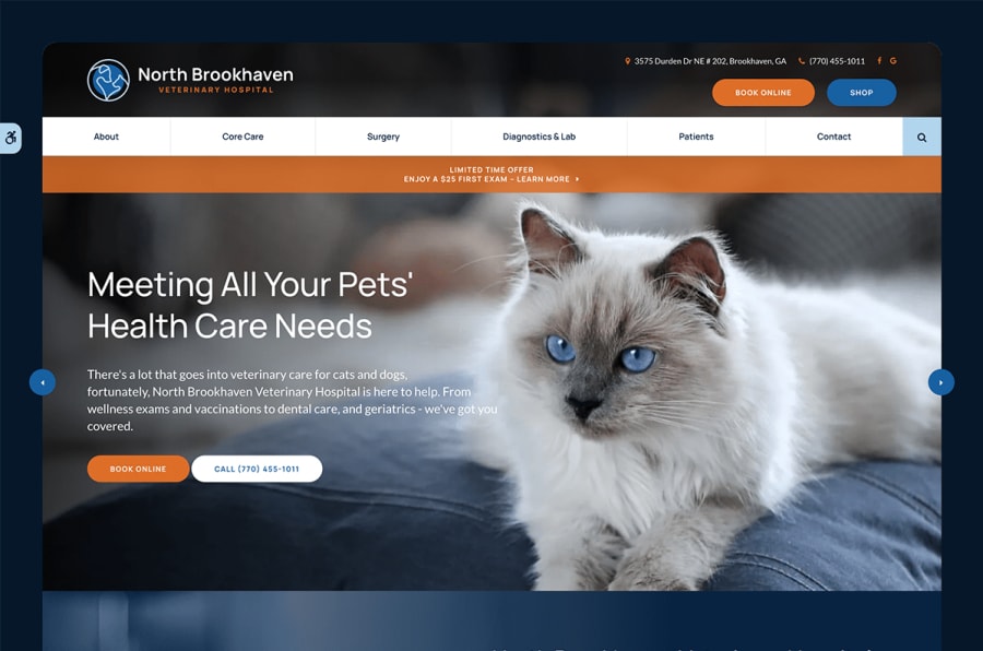 The desktop version of the North Brookhaven Veterinary Hospital website, which is hosted on Tymbrel.