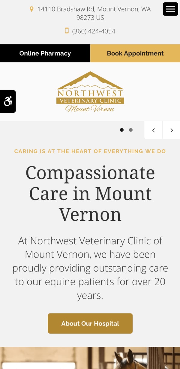 The desktop version of the Northwest Veterinary Clinic of Mount Vernon website, which is hosted on Tymbrel.