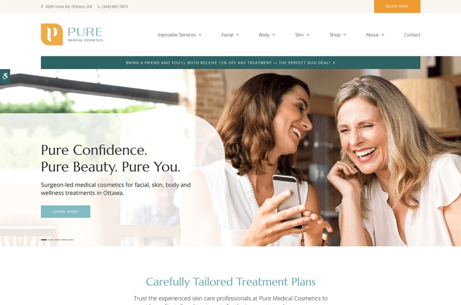 The desktop version of the Pure Medical Cosmetics website, which is hosted on Tymbrel.