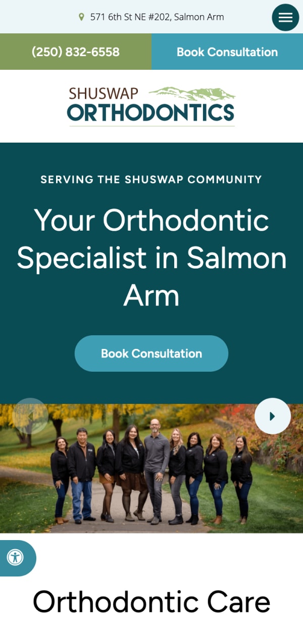 The mobile version of the Shuswap Orthodontics website, which is hosted on Tymbrel.