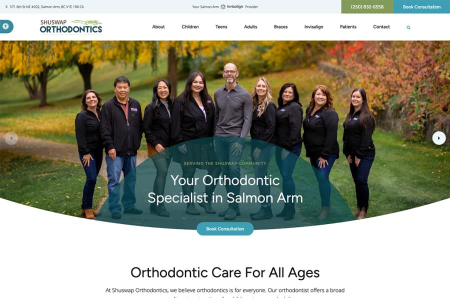 The desktop version of the Shuswap Orthodontics website, which is hosted on Tymbrel.