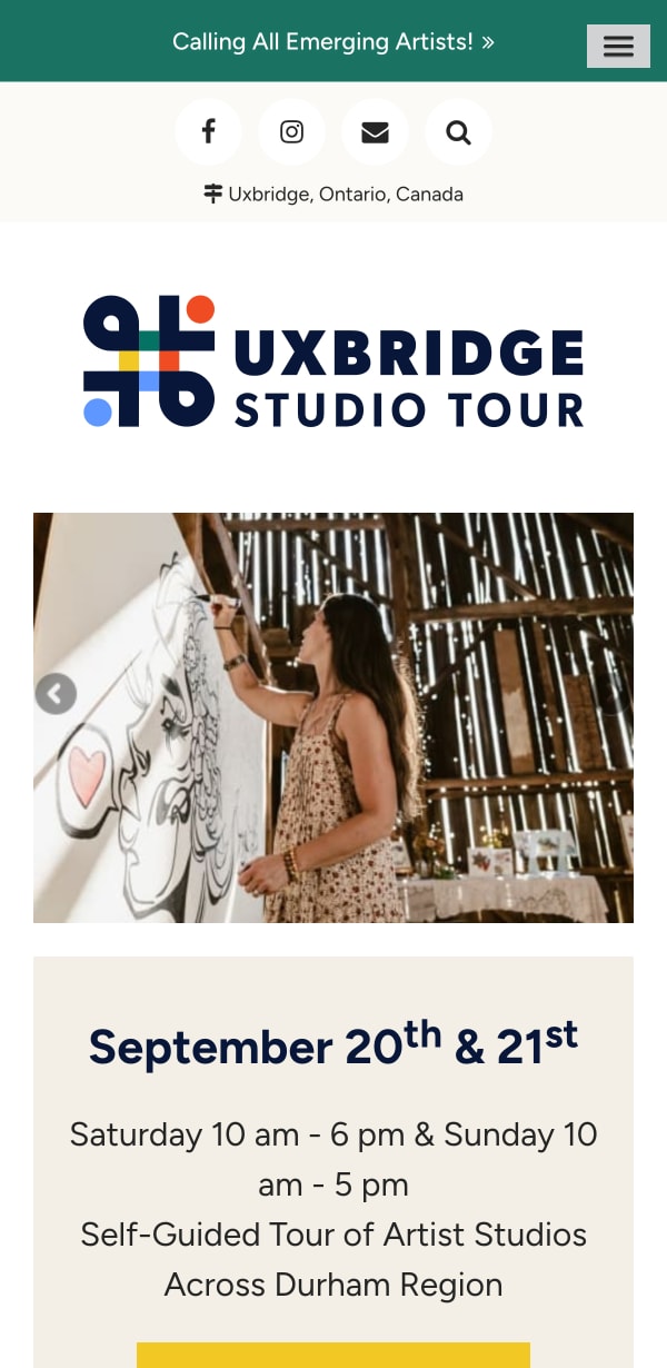 The mobile version of the Uxbridge Studio Tour website, which is hosted on Tymbrel.