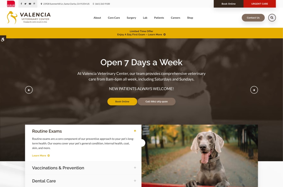 The desktop version of the Valencia Veterinary Center website, which is hosted on Tymbrel.
