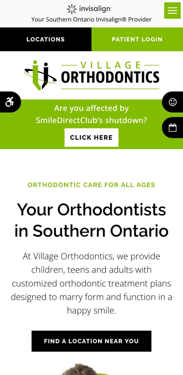 The mobile version of the Village Orthodontics website, which is hosted on Tymbrel.