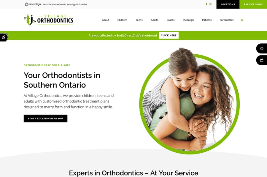 The desktop version of the Village Orthodontics website, which is hosted on Tymbrel.