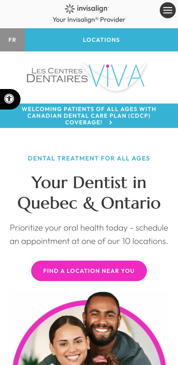The mobile version of the Les Centres Dentaires Viva website, which is hosted on Tymbrel.