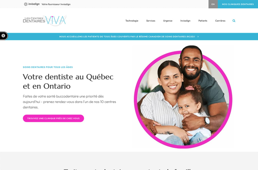 The desktop version of the Les Centres Dentaires Viva website, which is hosted on Tymbrel.